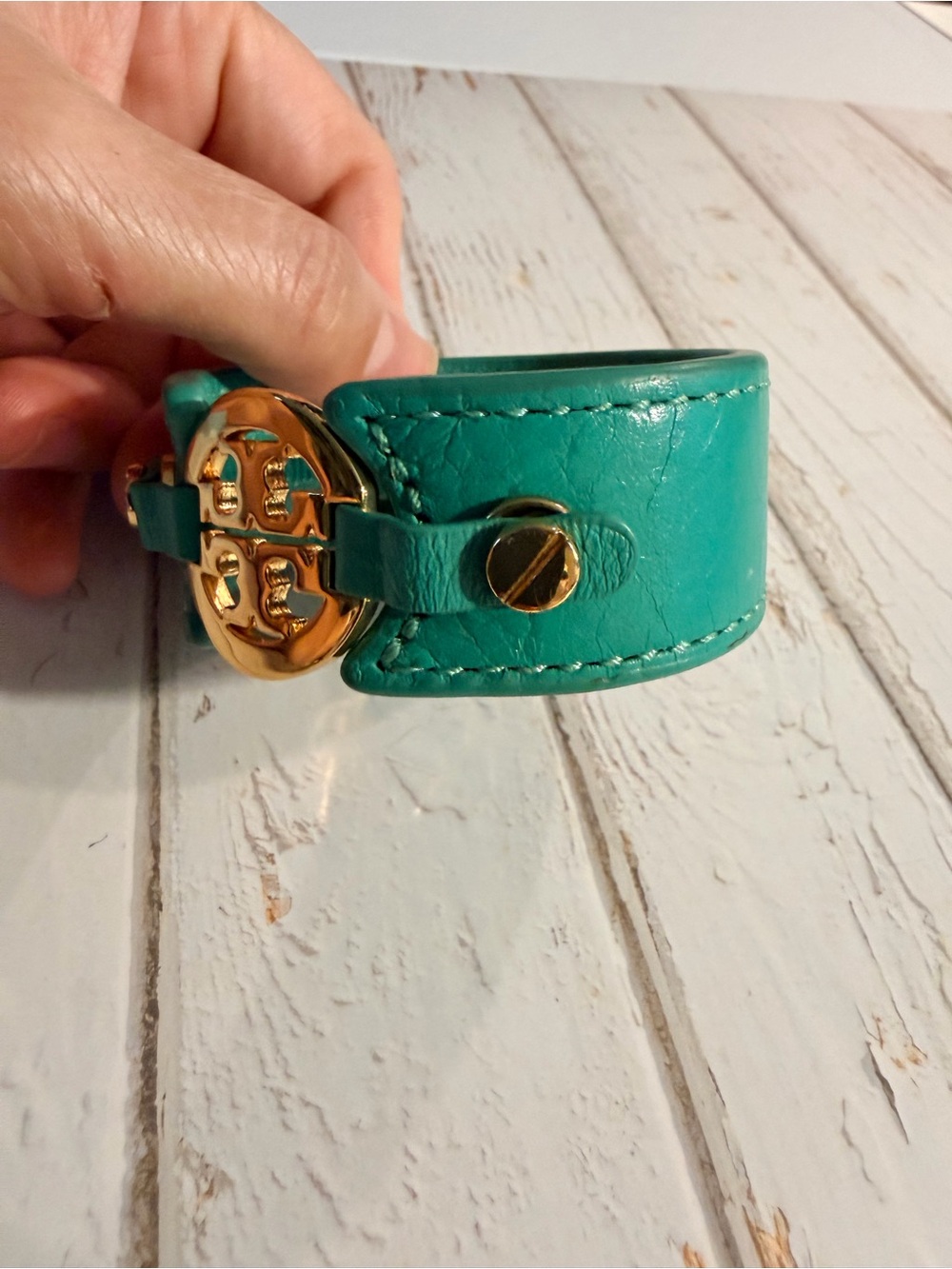 Tory Burch Teal Leather Logo Cuff with Gold Medallion - Picture 6 of 11